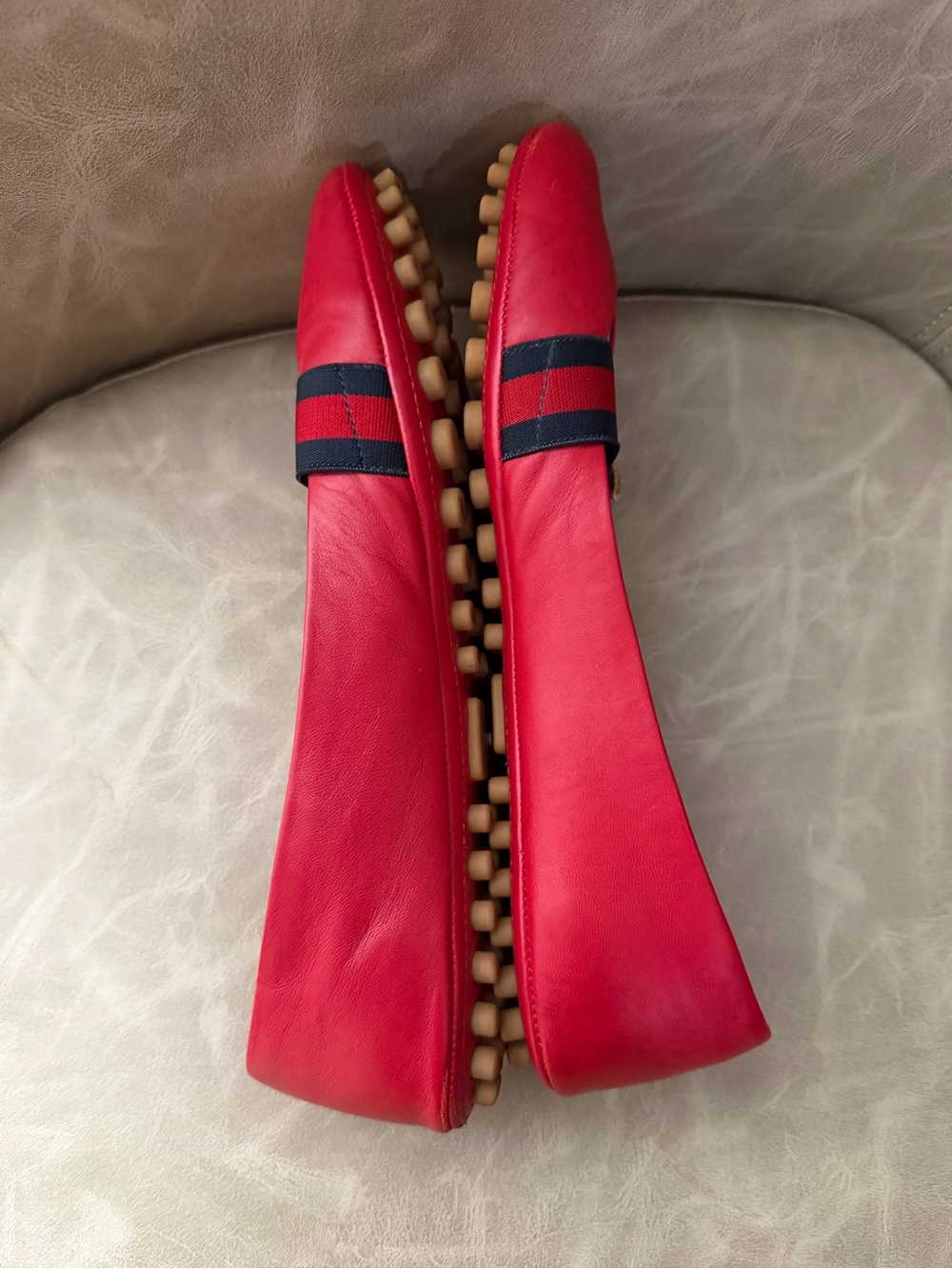 Gucci Red Leather Web-Strap Ballet Flats - Picture 4 of 9